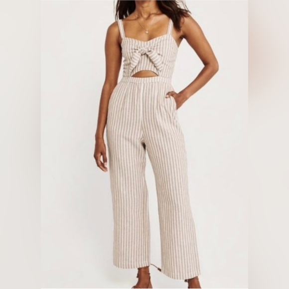Abercrombie & Fitch Pants - Abercrombie & Fitch Beige and White Striped Linen Jumpsuit